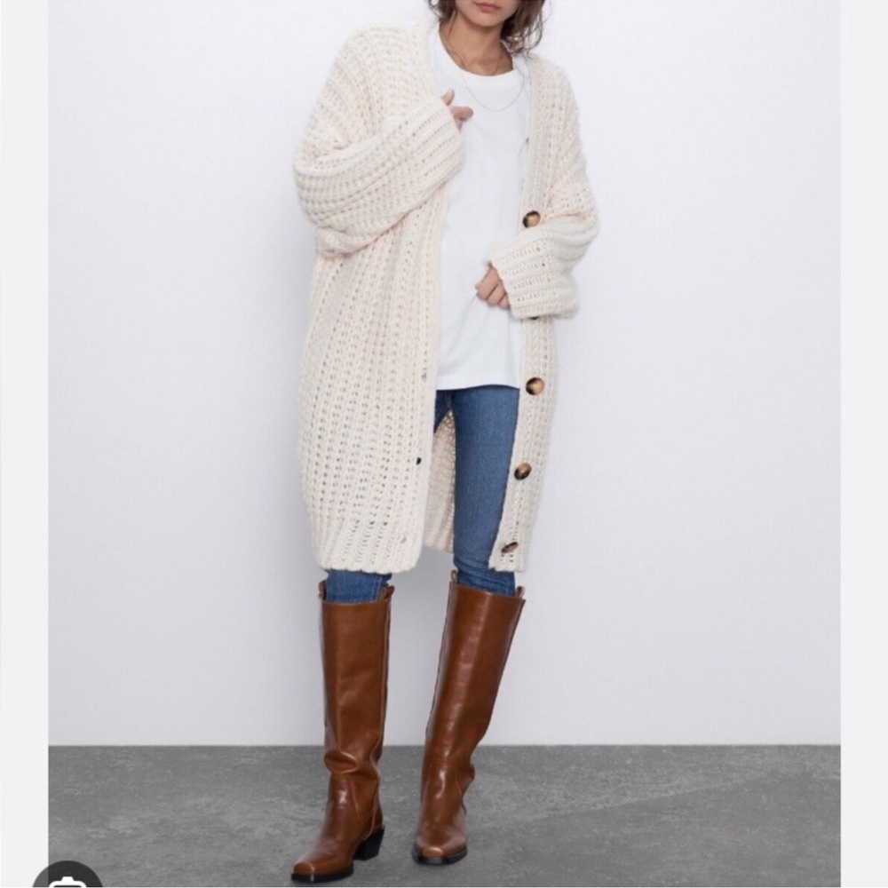 ZARA chunky knit long cardigan large buttons oversized cream ivory size medium